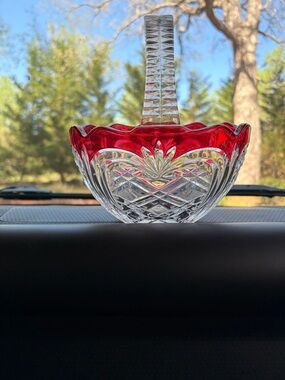 Lead Crystal Ruby Red Pressed Basket with Handle Candy Flower Dish 8"  7" German